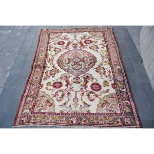 พรมขนสัตว์สีเบจสีแดงแบบดั้งเดิมขนาด4.2x5.5ฟุตพื้นที่ขนาดใหญ่แบบตุรกีสี่เหลี่ยมผืนผ้าห้องโถงรูปแบบนามธรรมพรมขนสัตว์10มม. - Product Image 1