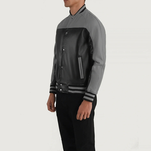 Concevez votre propre veste universitaire en cuir noir et gris de haute qualité veste Letterman d'université de logo de broderie personnalisée - Product Image 2