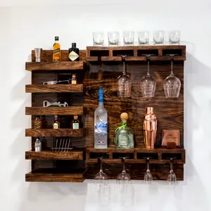 Modern Acacia Wood Wall Mounted <b>Bar</b> Rack With Glass Holders And Bottle <b>Shelves</b> For Home <b>Bar</b> Setup - Product Image 4