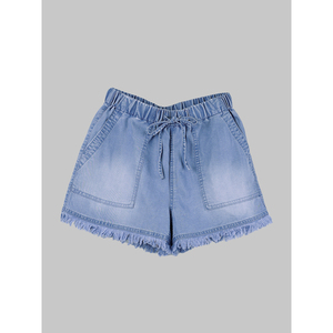 Paola Riboni Pantalones cortos de mezclilla para mujer, lavado claro, cintura alta, con cordón, informales, de verano, con bolsillos y dobladillo deshilachado - Product Image 2