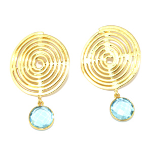 Pendientes Colgantes de Metal de Latón Chapado en Oro de 24K con Topacio Azul de Diseño Único, Corte Checker, Cuarzo Hidro, Forma Redonda, Venta al por Mayor para Mujeres y Niñas - Product Image 1