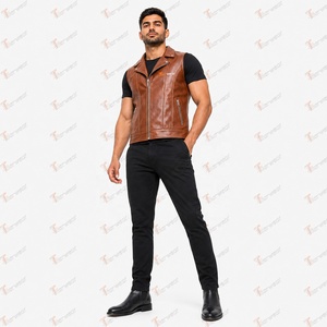 Chaleco de Motociclista de Cuero Sintético Marrón para Hombre, Marca Tiierwear, con Cierre Frontal, Color Sólido, Cuello Camisero, Estilo Otoñal - Product Image 2