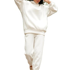 Pull femme à capuche solide coton manches longues sweats à capuche élastique taille haute cordon pantalon ensemble décontracté coton - Product Image 1