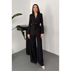 Black Belted Jacket And <b>Trousers</b> Set - Black - Product Image 2