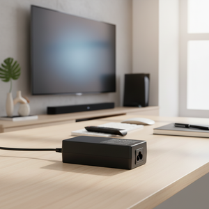 Configuration de bureau à domicile moderne avec un adaptateur secteur noir sur une table en bois, une barre de son pour téléviseur intelligent et un espace de travail minimal - Product Image 2