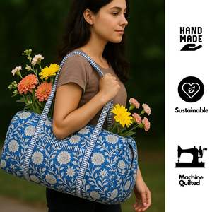 Bolsa de viaje de algodón duradera deportiva ligera de gran capacidad, informal, fácil de llevar, con cremallera, máquina acolchada de bloques con estampado Floral índigo - Product Image 6