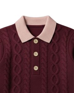 เสื้อโปโลถักไหมพรมผู้ชายแบบสั่งทำพิเศษ แขนยาว คอปกติดกระดุม ตัดขอบคอเสื้อสีตัดกัน สำหรับฤดูหนาว สีเบอร์กันดีไวน์ - Product Image 3