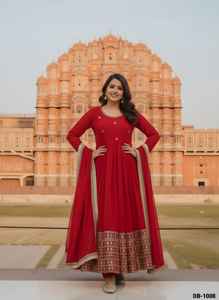 Robes Anarkali rouges prêtes à porter de style indien et pakistanais les plus belles avec broderie, séquence, zari et travail de codding - Product Image 3