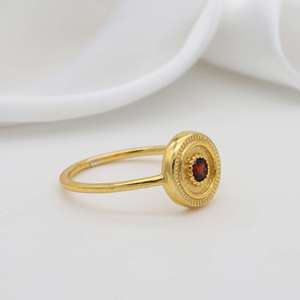 Boho Garnet <b>Dainty</b> Brass <b>Ring</b> 18k Gold Plated Round Shield Textured Wholesale <b>Ring</b> for Women - Product Image 2