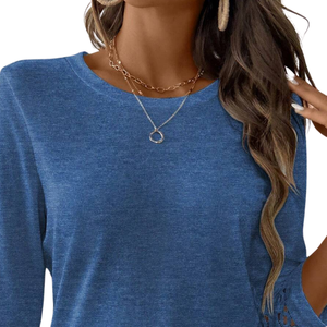 Blusa Azul para Mujer, Manga Larga, con Encaje, Transpirable, 100% Algodón, Camiseta Informal, Top para Uso Diario - Product Image 4