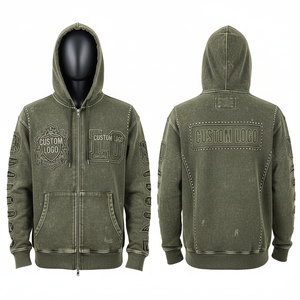 Sudadera con Capucha para Hombre, Estilo Urbano Vintage, Lavado Ácido, Bordada, Gruesa, 100% Algodón, con Cierre de Cremallera y Pedrería - Product Image 1