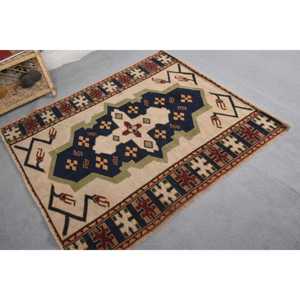 Alfombra de lana geométrica azul beige clásica vintage 4,3 'X 4,9 'Diseño de retazos Rectangular para decoración de dormitorio látex viscosa - Product Image 2