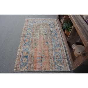 Alfombra turca vintage de 3.4x5.8 pies, alfombra de lana con diseño de plantas y árboles en azul y naranja - Product Image 1