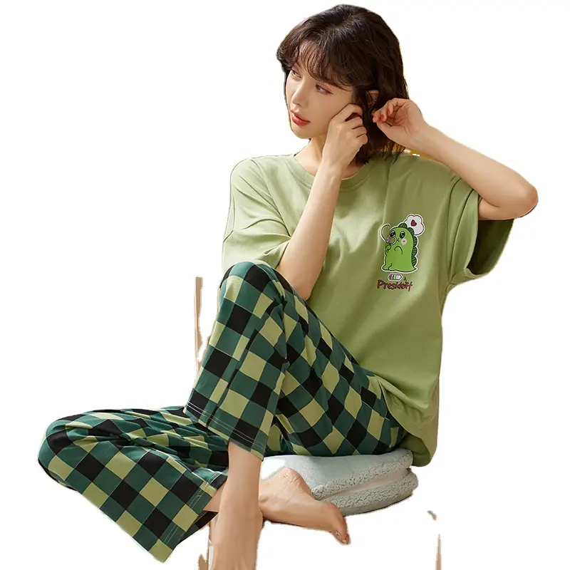 Korean fashion cute short sleeve O-neck 100%cotton women pajama sleepwear casual sleepwear printed full length summer nightwear