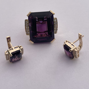 Geometric <b>Emerald</b> Cut Diamond <b>Stud</b> Earrings with Amethyst Elegant Set - Product Image 1