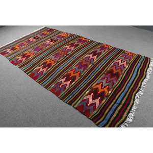 Vintage Rug, 4.8x8.9 ft Large Rug, <b>Red</b> Blue Kilim <b>Wool</b> Rug - Product Image 2