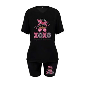 Survêtement d'hiver 2 pièces en coton personnalisé pour femmes Survêtement à capuche unisexe Ensemble de t-shirts à manches courtes imprimés Motif solide - Product Image 5