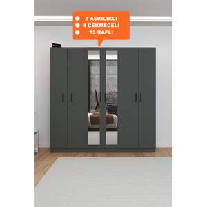 Modern Anthracite Mirrored 6-Door Wardrobe 13 <b>Shelves</b> 3 Hangers Space-Saving for Narrow Spaces Hotels <b>Small</b> Rooms Eco-Friendly - Product Image 4