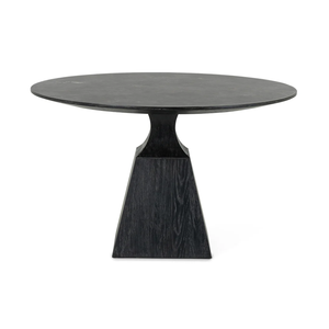 Table à manger moderne en teck massif avec plateau rond en marbre, base en forme de cloche, finition noire avec brossage métallique pour une texture supplémentaire - Product Image 2