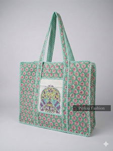 Grand sac fourre-tout fait main avec motif matelassé, imprimé en blocs, poche zippée, style féminin, printemps, automne, hiver, plage, marché - Product Image 6