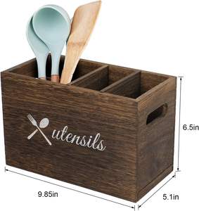Organizador de soporte para utensilios de cocina de madera con 4 divisores ajustables Organizador de cubiertos Utensilios de granja Caddy Crock - Product Image 6