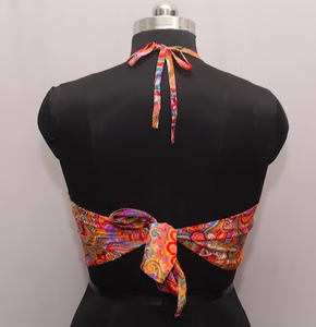 Wholesale Boho Style Bell Sleeve <b>Top</b> V-Neck Ins Inspired Recycled Knitted Satin Fabric Embroidered <b>Sequined</b> Short Adults - Product Image 3