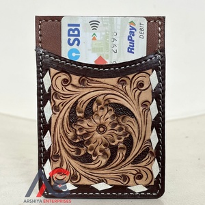 Personalizado OEM ODM Floral Tooled cuero Delgado cartera tarjetero Unisex cuero de vaca genuino Banco organizador de tarjetas de crédito - Product Image 1