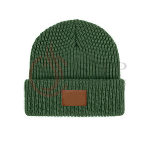 Green Knit Beanie Hat with Leather Patch Unisex <b>Winter</b> <b>Cap</b> Casual Style Adult Size 56-58CM - Product Image 1