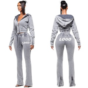 Custom Logo <b>Women</b> Cropped Hoodie Set Zip up Two 2 Piece Sweatpants and Hoodie Set Acid <b>Washed</b> Jogger Tracksuits <b>Womens</b> - Product Image 1