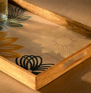 Rectangle en bois de Sesham Plateau à café en bois Conception marron Gravure et poignées de maintien Table Cuisine Décor Plateau - Product Image 3