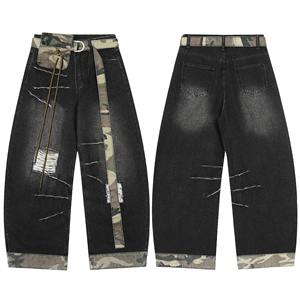Wholesale High Street Hip Hop Patchwork Mid Waist Wide Leg Pants Washed <b>Denim</b> <b>Trousers</b> Ripped Holes Male Men's Distressed Jeans - Product Image 1