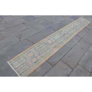 Alfombra vintage de 1.4x10.2 pies, alfombra turca con motivos de plantas y árboles azules - Product Image 3