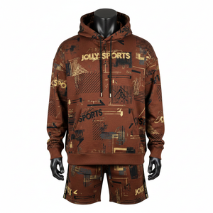 ชุดเซ็ตฮู้ดดี้ผ้าฟลีซคอตตอนโพลีเอสเตอร์พรีเมียม 320 GSM สีน้ำตาล ลายกราฟิก พิมพ์โลโก้ตามสั่งด้วยเทคนิค Sublimation สำหรับผู้ชาย เหมาะสำหรับใส่ออกกำลังกาย - Product Image 5