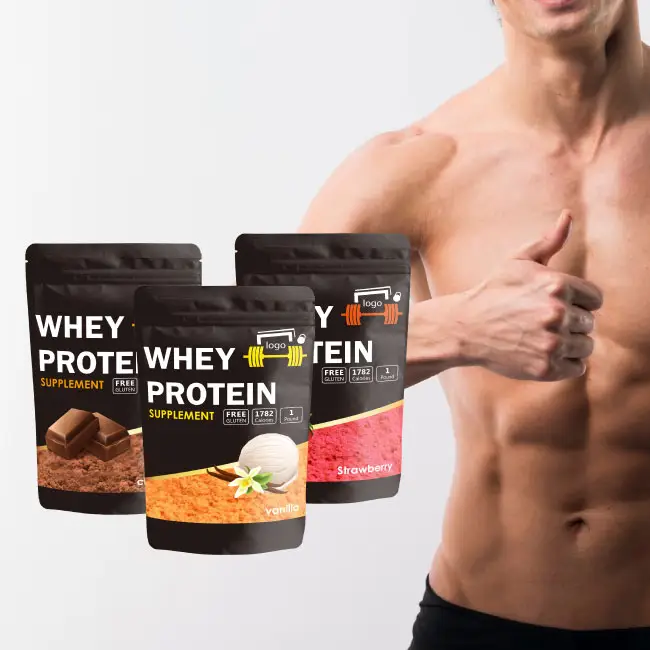 ODM Muskelmasse verstärker Whey Protein Kombination packung Schokolade Vanille Erdbeer geschmack Kaufen Sie in Klein und Versand schnell