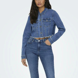 แจ็กเก็ตยีนส์ครอปของผู้หญิงเสื้อคลุมยีนส์ลำลองแขนยาวมีชายรุ่ยสีน้ำเงิน - Product Image 4