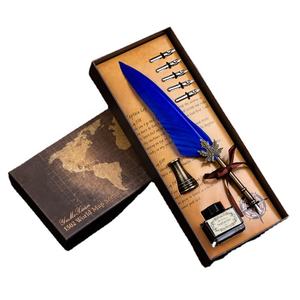 Stylo plume rétro en forme de plume de paon bleu, design feuille d'érable, ensemble de stylos plume avec bouteille d'encre et support de carte, <span class=keywords><strong>coffret</strong></span> cadeau - Product Image 5