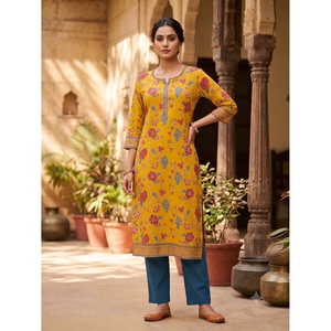 Ensemble Kurta Salwar en coton brodé jaune pour femme de Rama, imprimé à la main, séchage rapide, pour l'été, usage quotidien, fête, tenue ethnique indienne - Product Image 1