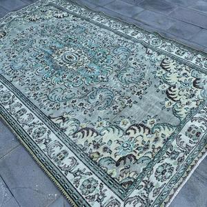 Alfombra Turca Vintage de 6.3x9.8 pies, Alfombra Grande, Alfombra de Lana con Diseño Floral Azul Verde - Product Image 2