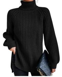 Custom <b>Women</b> Black Turtleneck Knitted Sweater Winter <b>Warm</b> Ribbed Long Sleeve Casual Loose Fit Pullover Fashion Top Street Style - Product Image 1