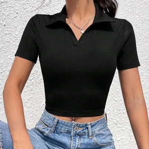 Camiseta de Punto para Mujer, Cuello en V, Manga Corta, Verano, Hombros Descubiertos, Cintura Alta, Ajustada, Largo Regular, Lisa, Informal, Estilo Spice Girl - Product Image 1