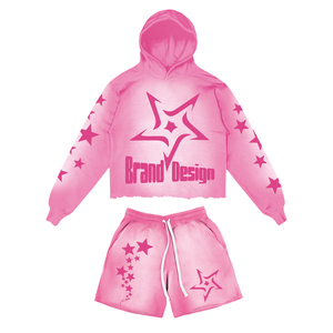 Pantalones activos con logotipo personalizado para hombre para invierno Sun Faded Raw Hem Dos piezas Lavado ácido Contraste Color Sudor Jogger Conjuntos cortos - Product Image 4