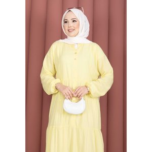 Vestido Hijab Amarillo con Botones Delanteros, Volantes y Cuentas, Estilo Modesto con Cintura Imperio, Sin Mangas, de Algodón, Color Liso, Islámico - Product Image 2
