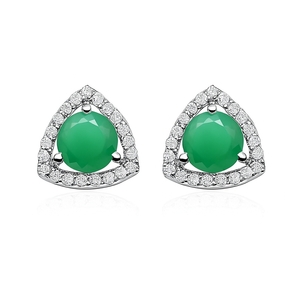 Premium Quality Sterling Silver Green Onyx Stud <b>Earrings</b> with CZ <b>Halo</b> - Emerald Green Gemstone Jewelry - Product Image 1