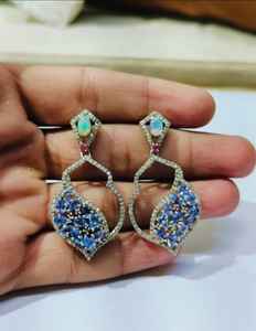 925 Sterling Silver Fine <b>Studs</b> <b>Earrings</b> Natural Diamond with Tanzanite and Opal Gemstone Diamond <b>Earrings</b> - Product Image 3