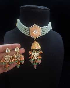 Conjunto de joyas étnicas de piedra Kundan, ropa de fiesta de Boda nupcial india, Gargantilla Kundan, collar, pendientes largos, compromiso, aniversario - Product Image 3