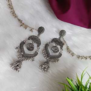 Efulgenz อินเดีย chandbali ออกซิไดซ์ jhumka jhumki ชุดต่างหูขนาดใหญ่ที่มีห่วงโซ่หูเครื่องประดับผู้ผลิตอินเดียสำหรับผู้หญิง - Product Image 2