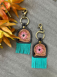 New Real Handcrafted Genuine Color Tooled Leather Cute Charming <b>Tassel</b> Keyrings Hot Sale Western Style Modern Turquoise <b>Key</b> Fobs - Product Image 3