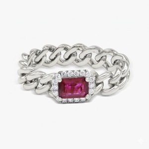 Bague Halo en Or 14K avec Rubis Naturel Rectangulaire Taille Émeraude et Chaîne Cubaine, Pierre de Naissance de Juillet, Bijou Cadeau pour Elle - Product Image 5
