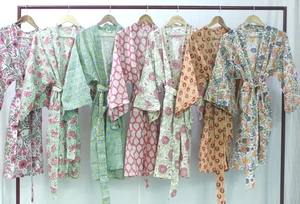 ชุดกิโมโนผ้าฝ้ายพิมพ์ลายบล็อกมาใหม่ชุดคลุมอาบน้ำสไตล์วินเทจสำหรับผู้หญิง - Product Image 6