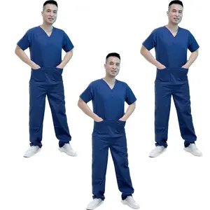 Wholesales women wear stylish scrub suits hospital uniform pant suits solid  color unisex operating uniform